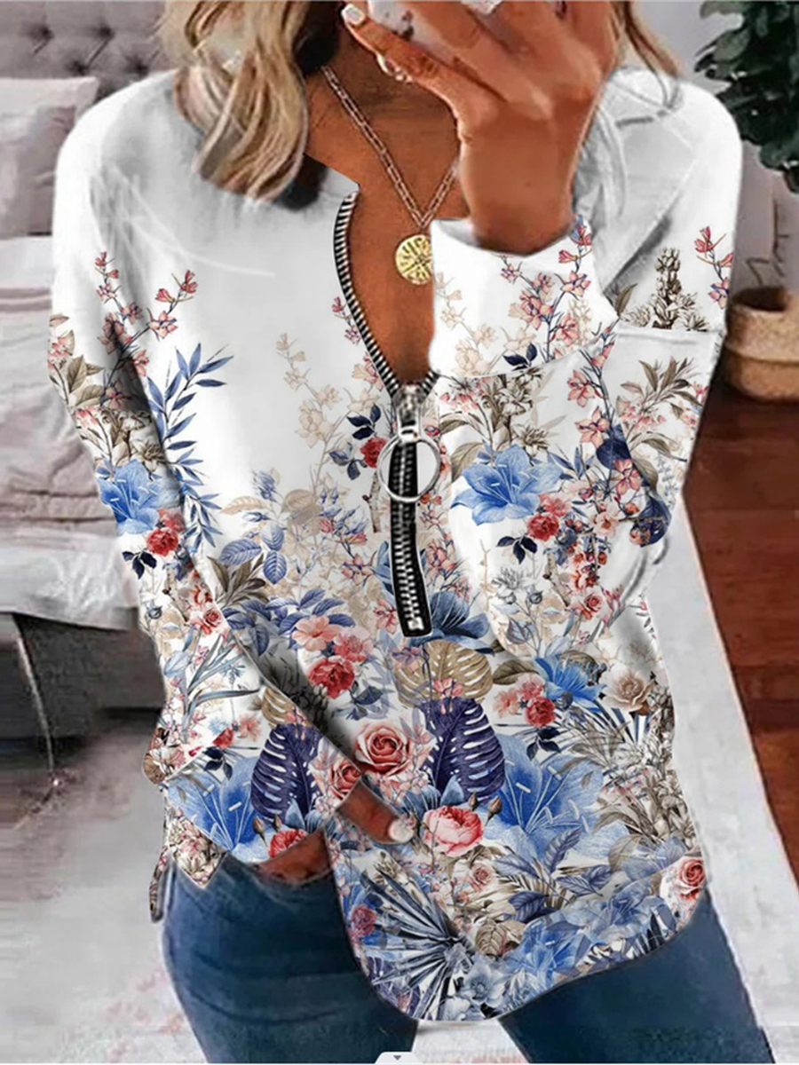 Vintage Casual Floral Print Zip V Neck Long Sleeve Sweatshirt