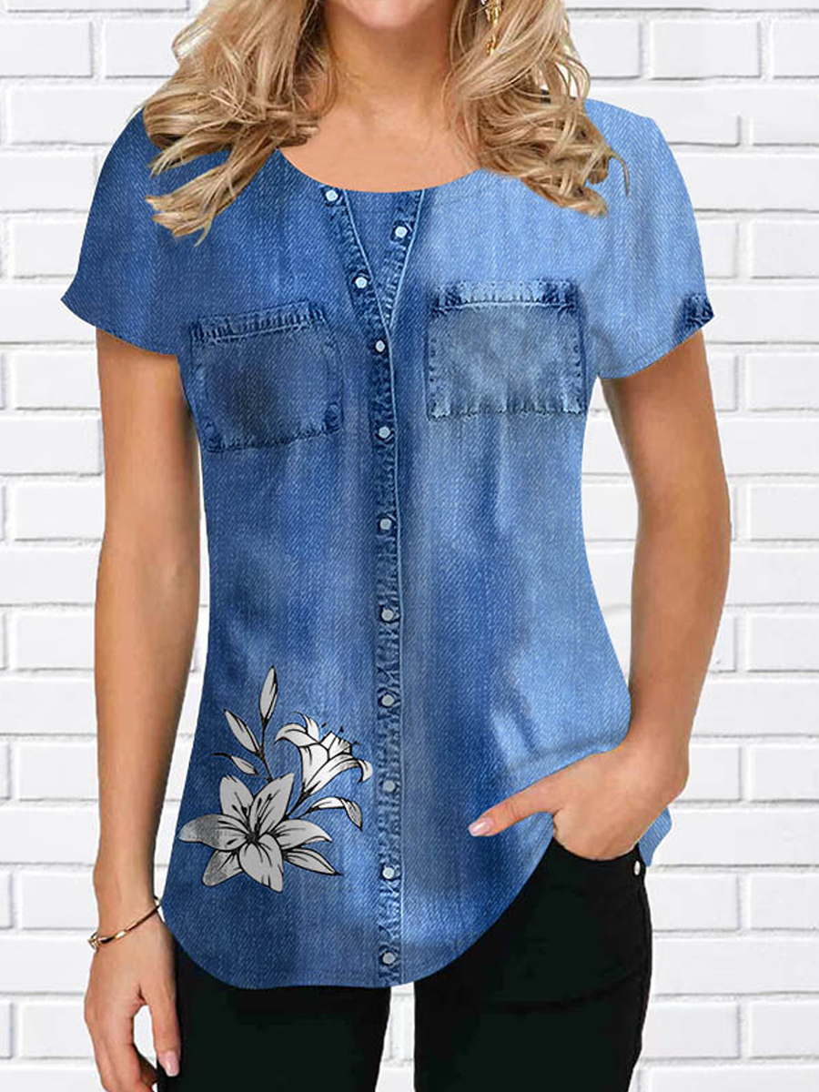 Casual Floral Print Crew Neck Short Sleeve T Shirt