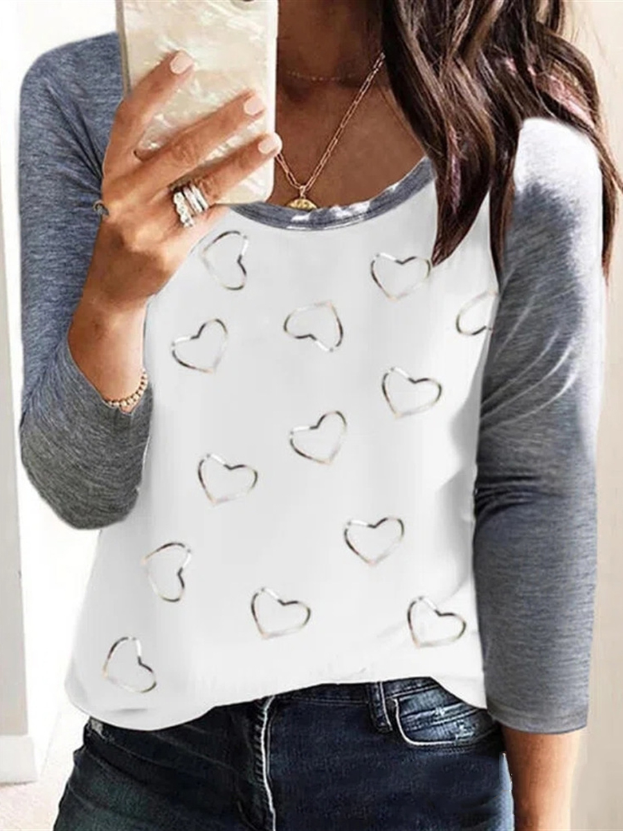 Casual Heart Print Panel Crew Neck Long Sleeve T Shirt