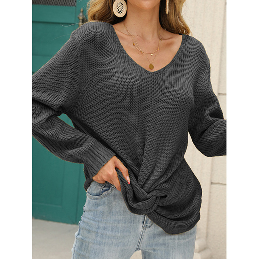 

Casual Solid Color Hem Twist V-Neck Long Sleeve Sweater