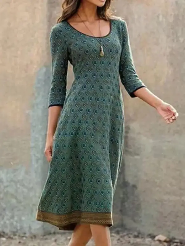 Round Neck Casual Loose Printed Long Sleeve Midi Dress - Minicousa.com 