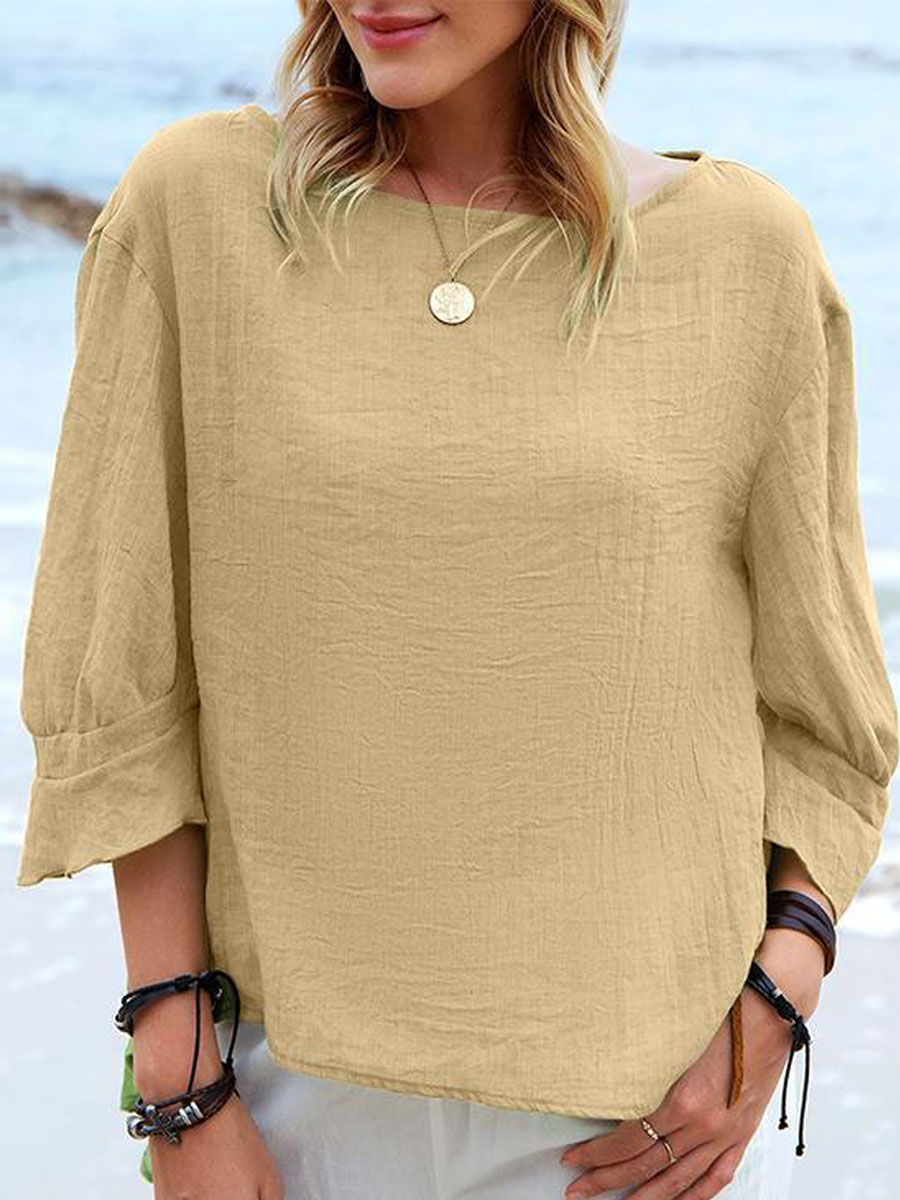 Round Neck Casual Loose Solid Color Long Sleeve Blouse