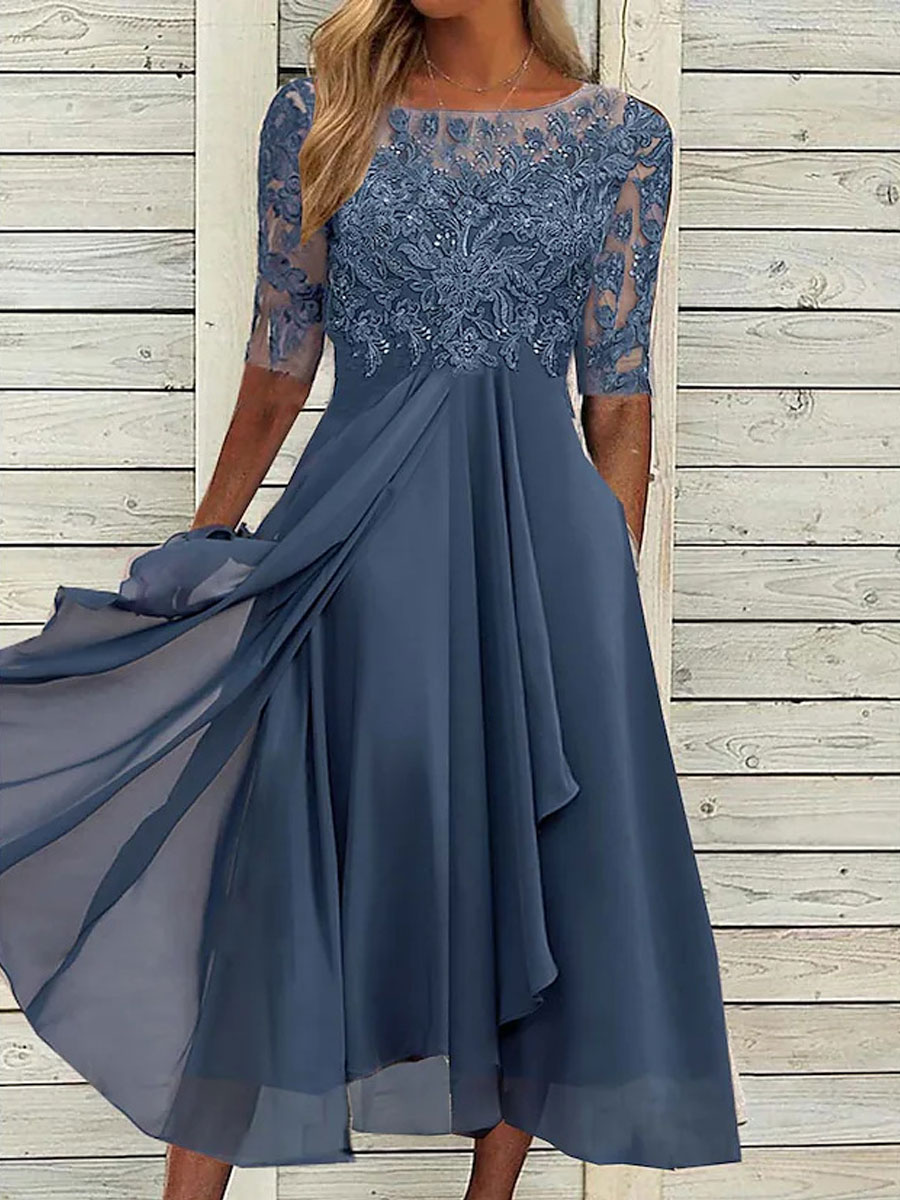Round Neck Casual Loose Lace Panel Short Sleeve Midi Dress