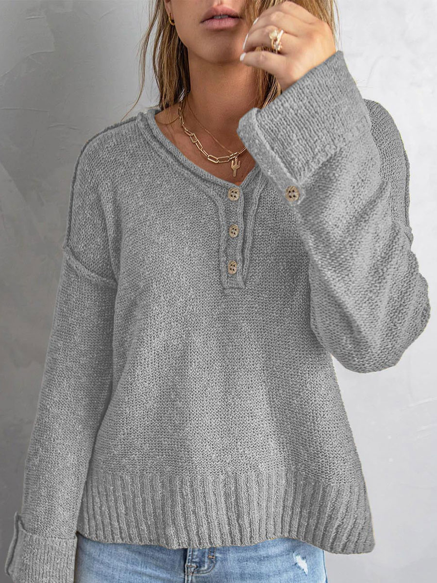 V neck Casual Loose Solid Color Wool Sweater Pullover