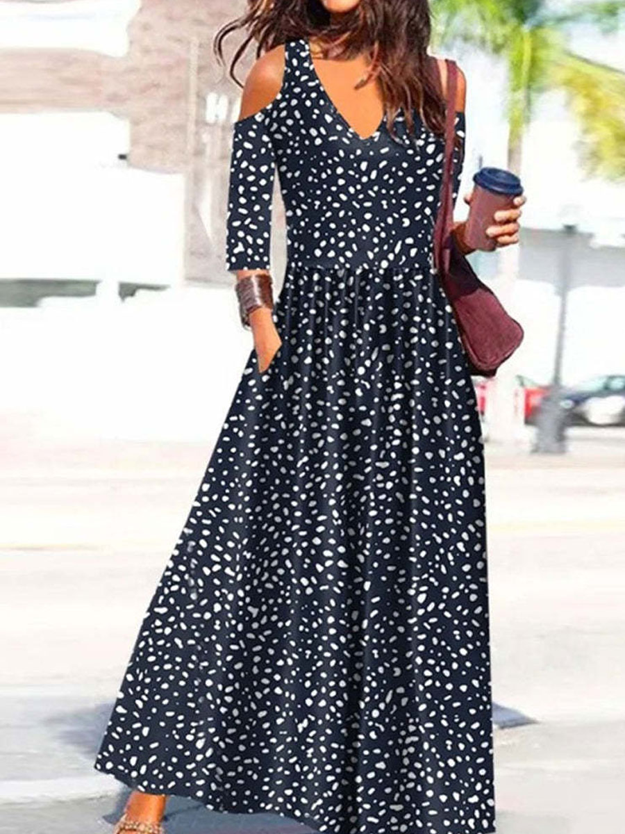 V neck Cutout Casual Loose Floral Print Long Sleeve Maxi Dress