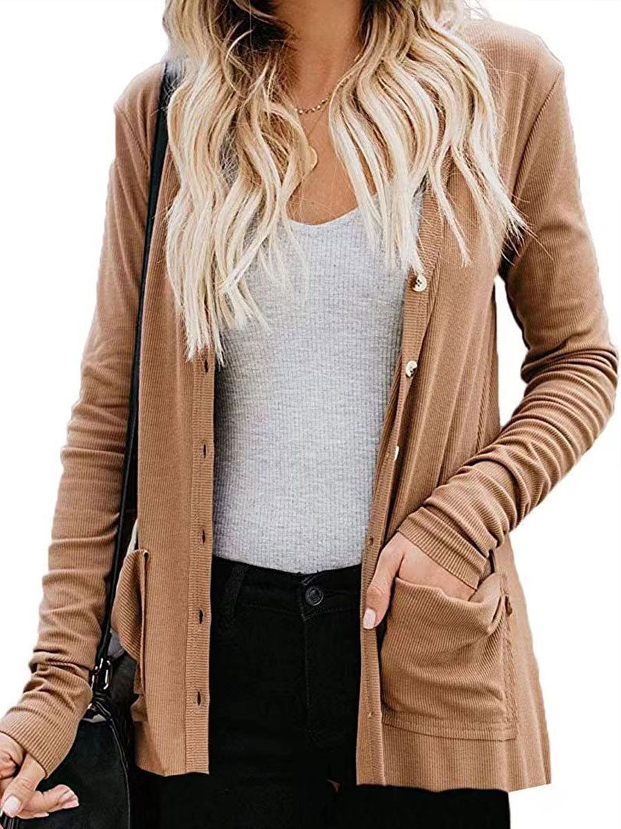 V neck Casual Loose Solid Color Knitted Sweater Cardigan