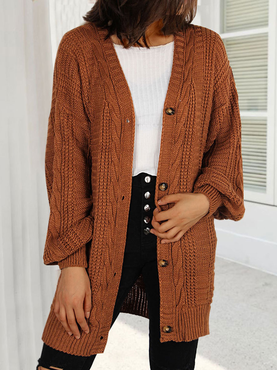 V neck Casual Loose Solid Color Sweater Cardigan