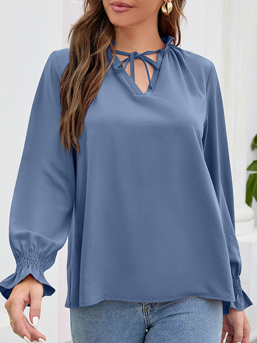 V neck Casual Loose Solid Color Long sleeved Blouse