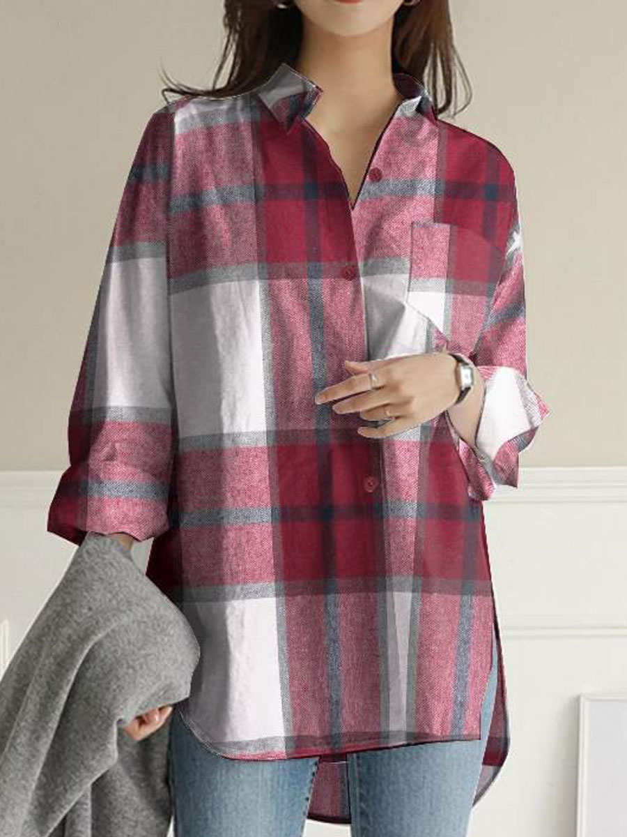 Casual Loose Check Print Long Sleeve Blouse