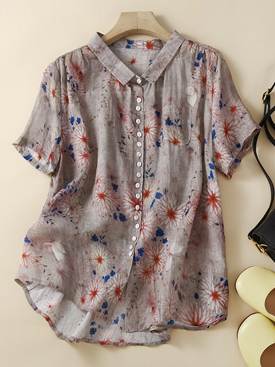Casual Loose Floral Print Lapel Short Sleeve Shirt