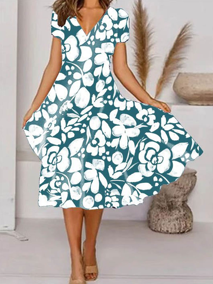 V neck Casual Loose Floral Print Short Sleeve Midi Dress