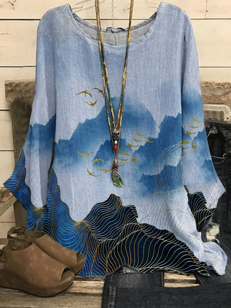 Round Neck Casual Loose Bronzing Landscape Print Long sleeved Blouse