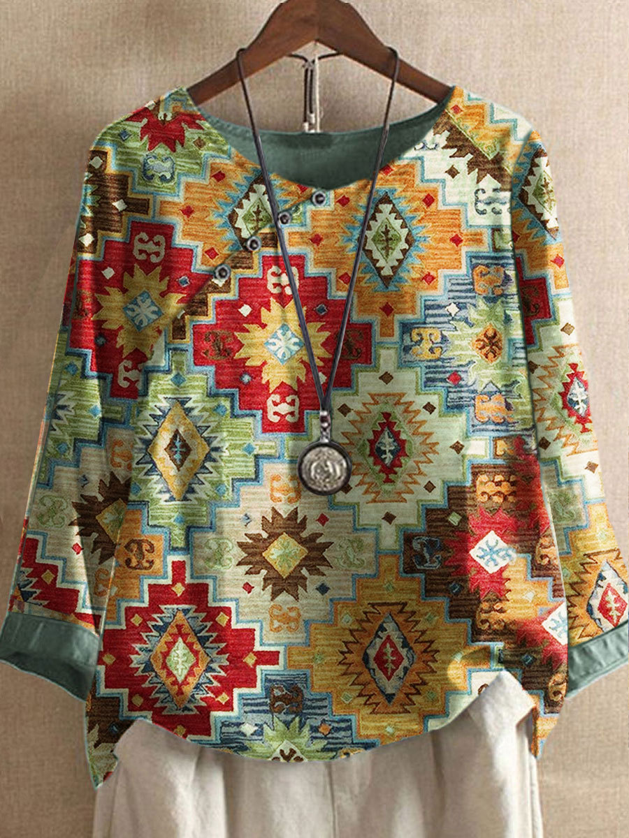 Round Neck Casual Loose Vintage Geometric Print Long Sleeve Blouse
