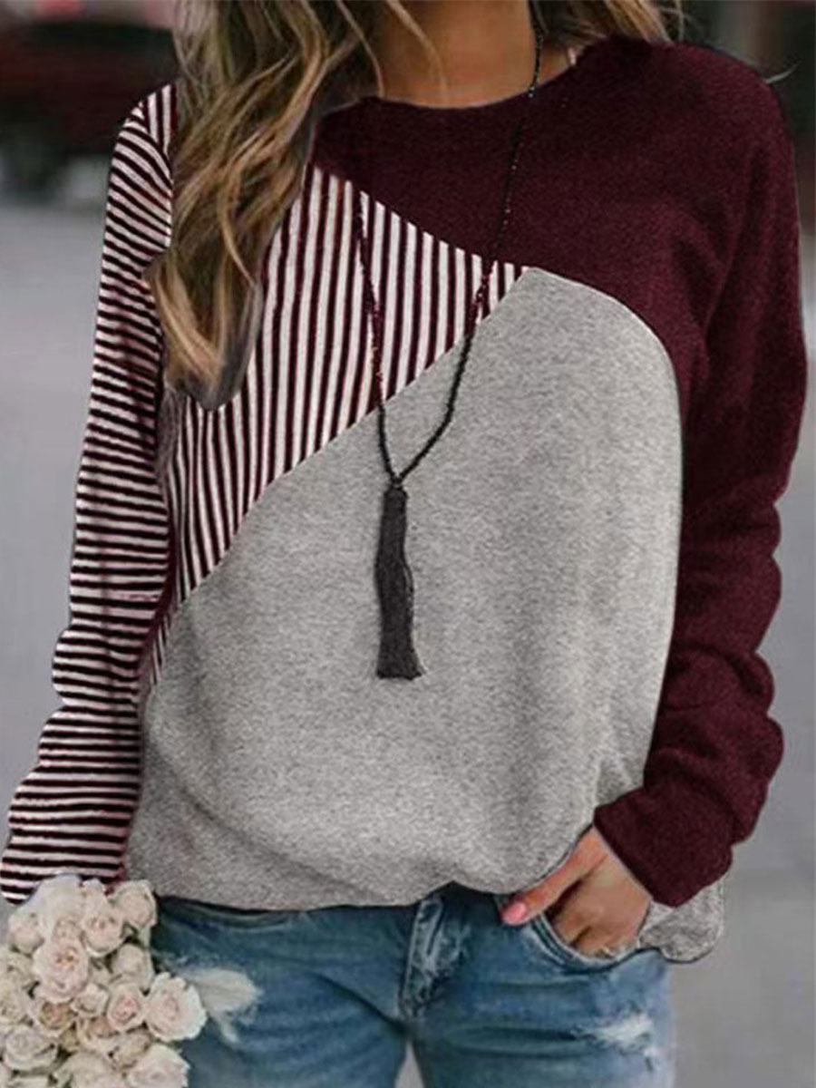 Round Neck Casual Loose Striped Print Panel Sweatshirt