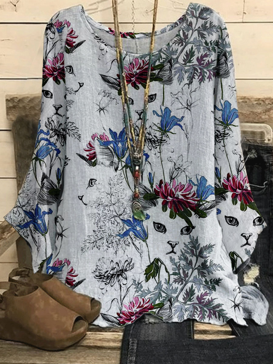 Round Neck Casual Loose Floral Cat Print Long Sleeve Blouse