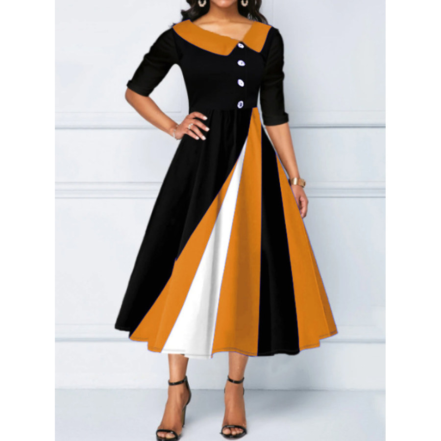 

Casual Geometric Panel Button V-Neck Long Sleeve Midi Dress