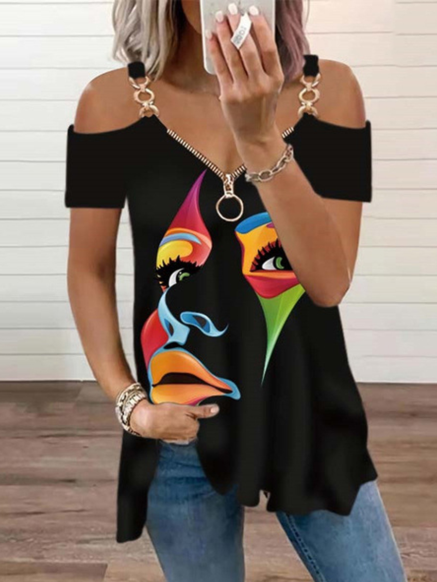 Casual Abstract Print Zip V Neck Short Sleeve T Shirt