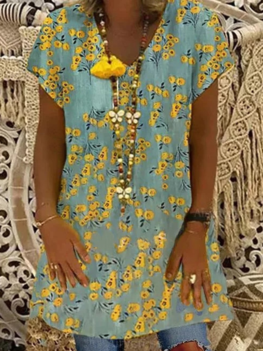 Casual Floral Print V Neck Short Sleeve Blouse