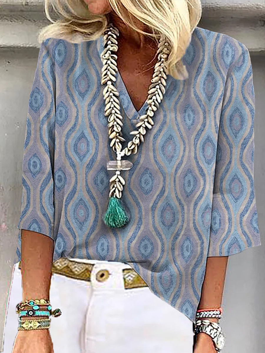Casual Vintage Print V Neck Three Quarter Sleeves Blouse