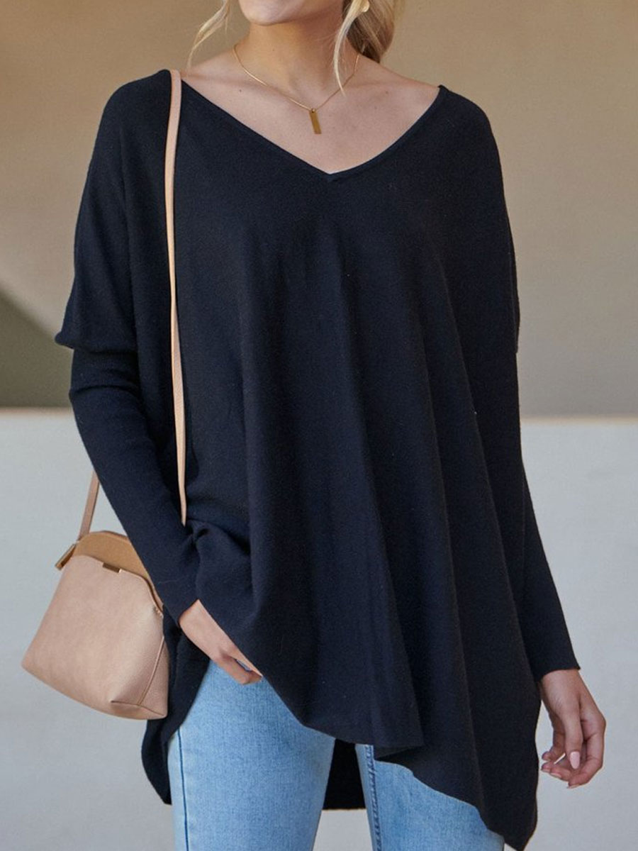 V neck Casual Loose Solid Color Long Sleeve T shirt