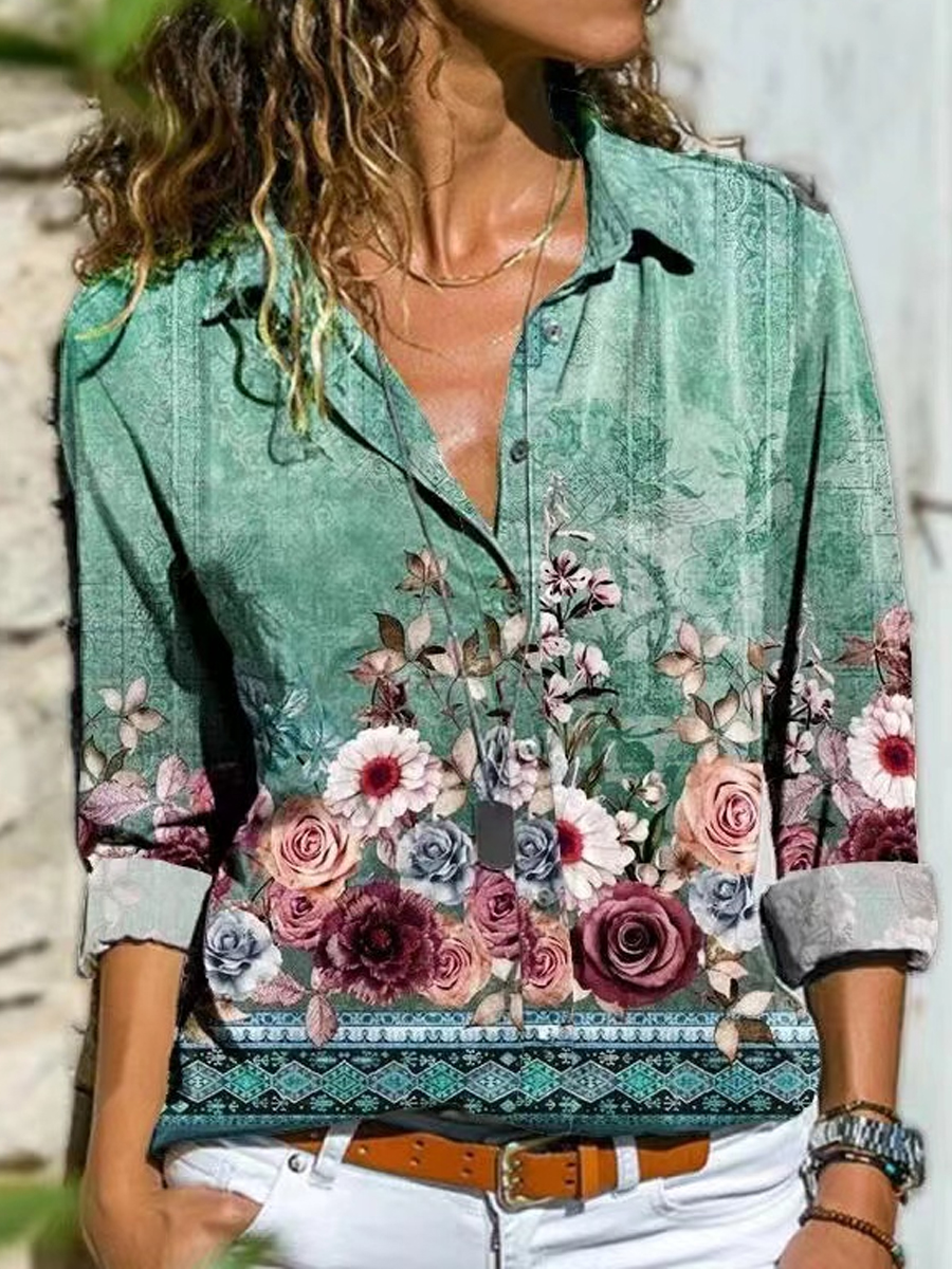 Casual Fashion Floral Print Lapel Long Sleeve Shirt