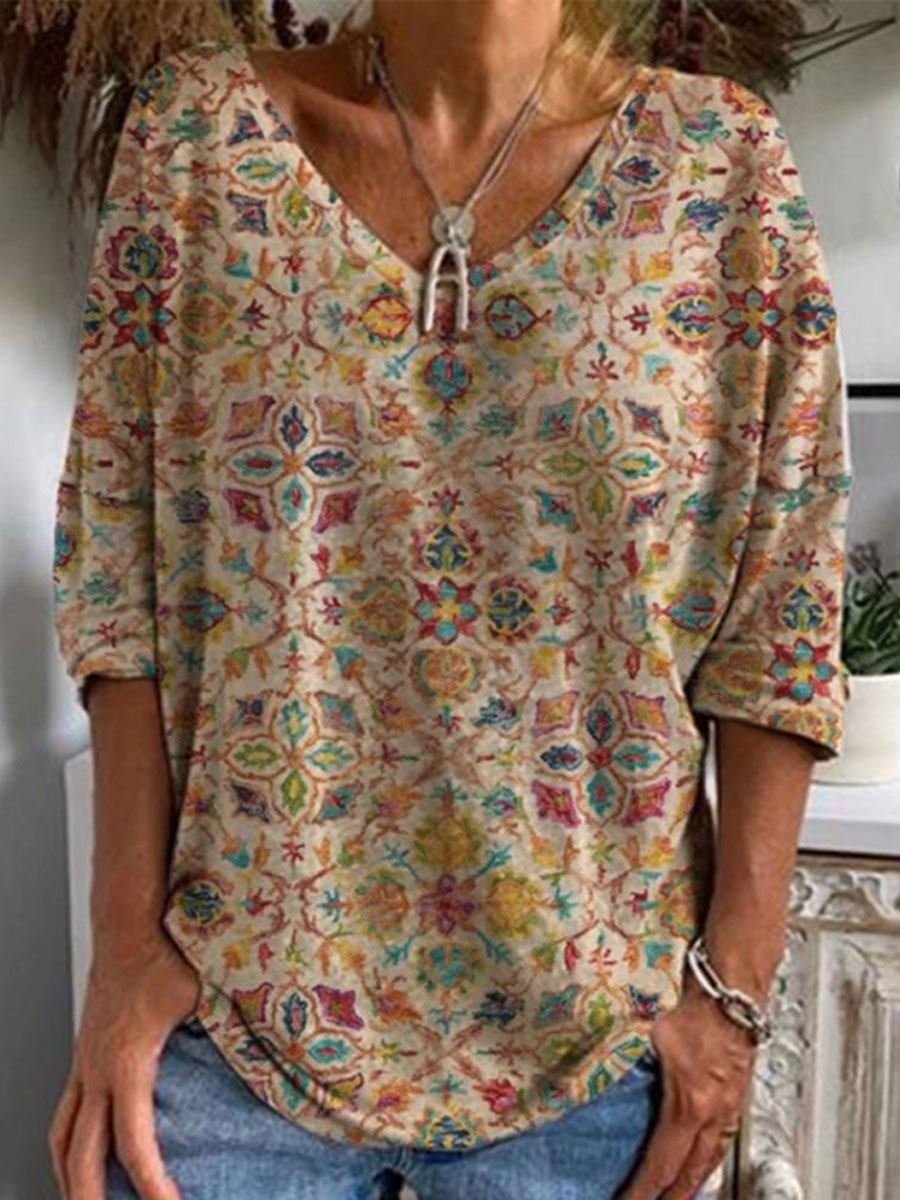 V neck Casual Loose Vintage Ethnic Print Long Sleeve T shirt