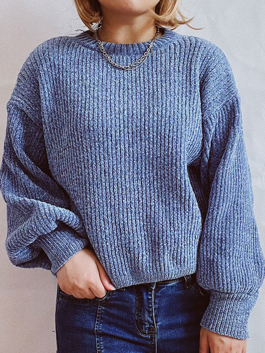 Round Neck Casual Loose Sweater Solid Color Pullover