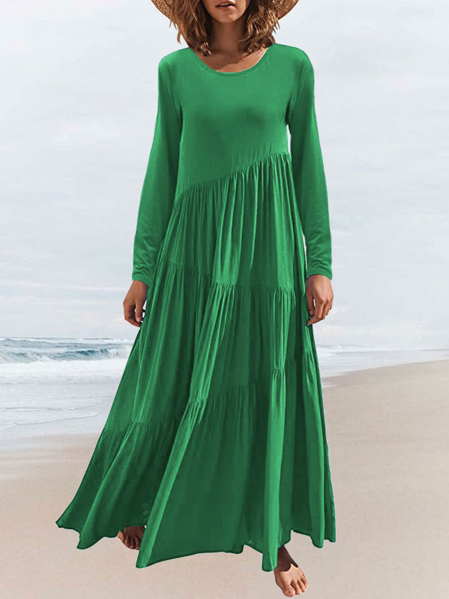 Round Neck Casual Loose Solid Color Long Sleeve Maxi Dress