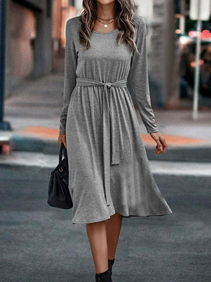 Round Neck Casual Loose Solid Color Tie Long Sleeve Midi Dress