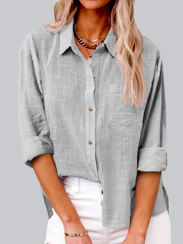 Casual Solid Color Lapel Pocket Long Sleeve Shirt - Minicousa.com 