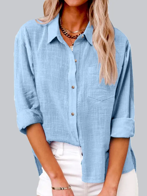 Casual Solid Color Lapel Pocket Long Sleeve Shirt - Cominbuy.com 