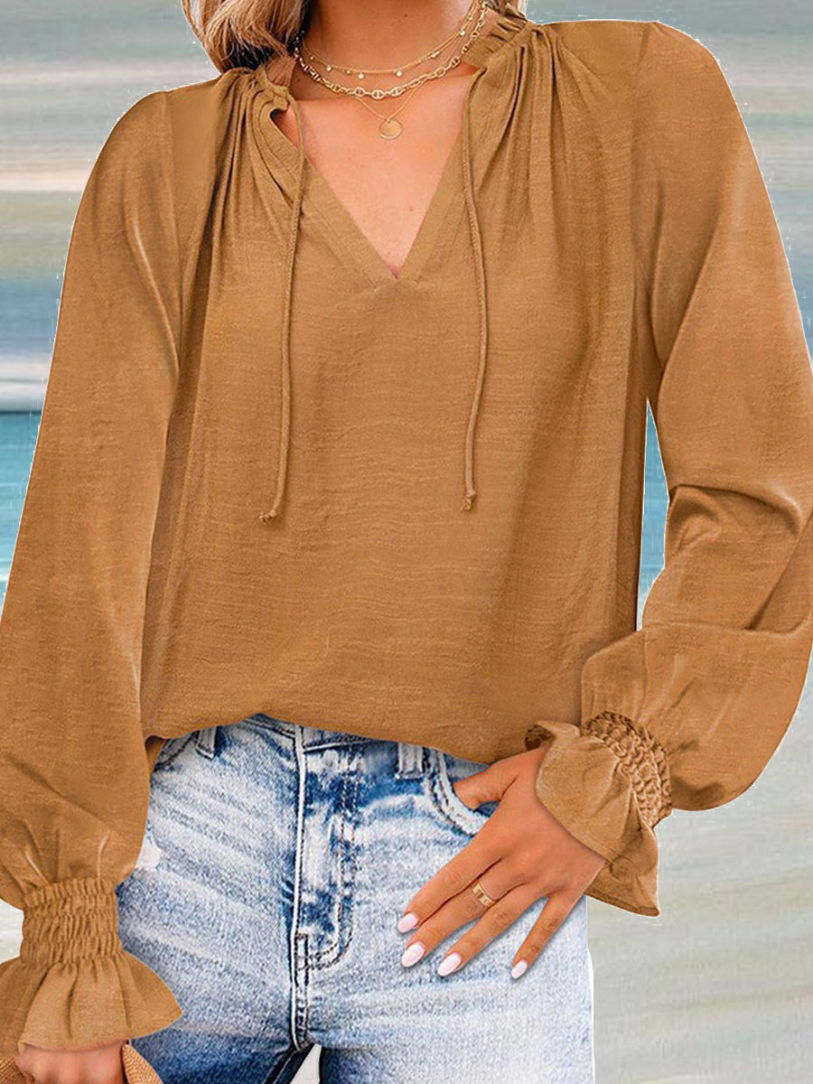 V neck Tie Casual Loose Solid Color Long Sleeve Blouse
