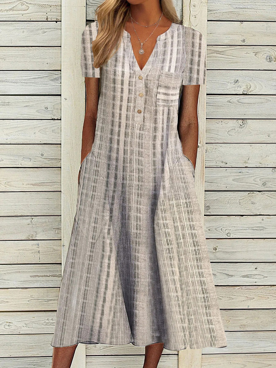 V neck Casual Loose Striped Print Short Sleeve Midi Dress