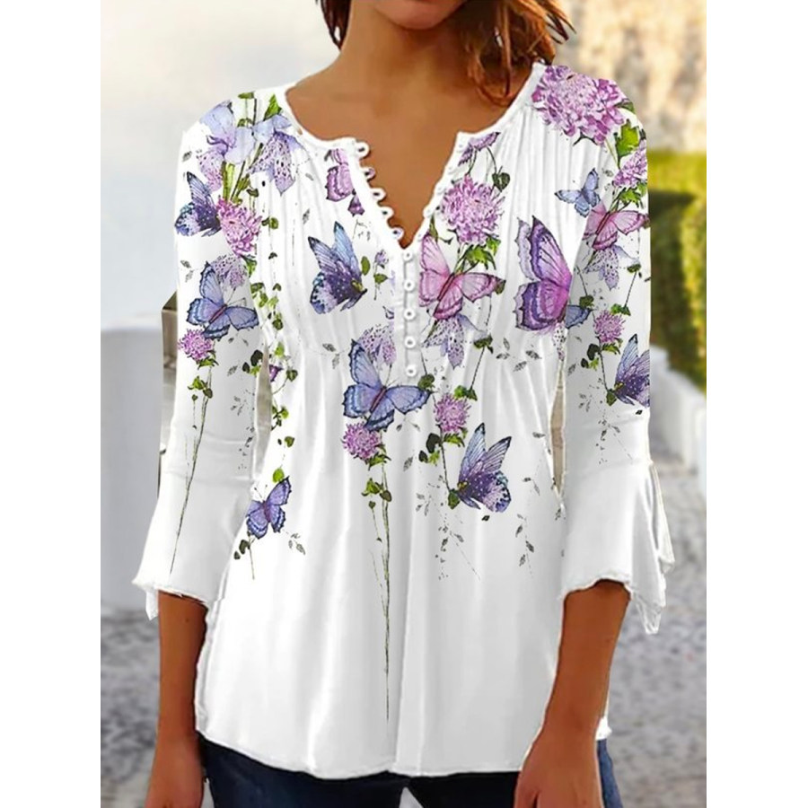 

Винтажная блузка с пуговицами и цветочным принтом с V-образным вырезом и рукавами три четверти