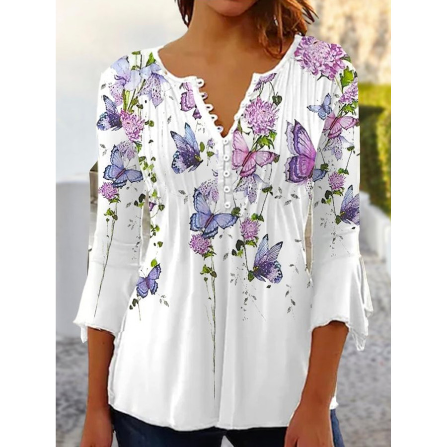 

Blusa De Manga Tres Cuartos Con Cuello En V Y Botones Con Estampado Floral Vintage