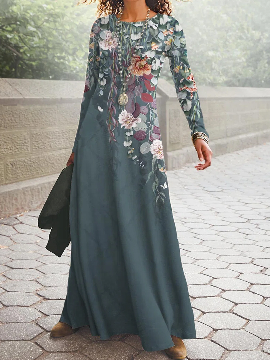 Vintage Floral Print Long Sleeves Crew Neck Maxi Dress