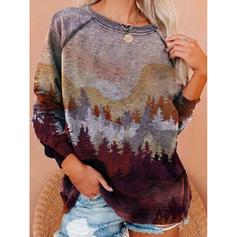 

Round Neck Casual Loose Forest Print Sweatshirt