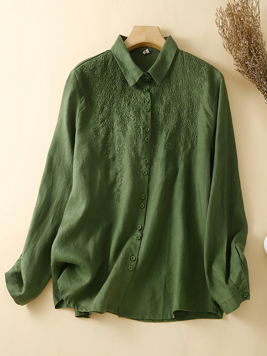 Casual Cotton Linen Embroidered Long Sleeve Shirt