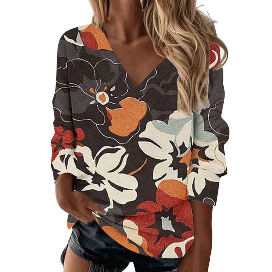 

V-neck Casual Loose Floral Print Long Sleeve T-shirt