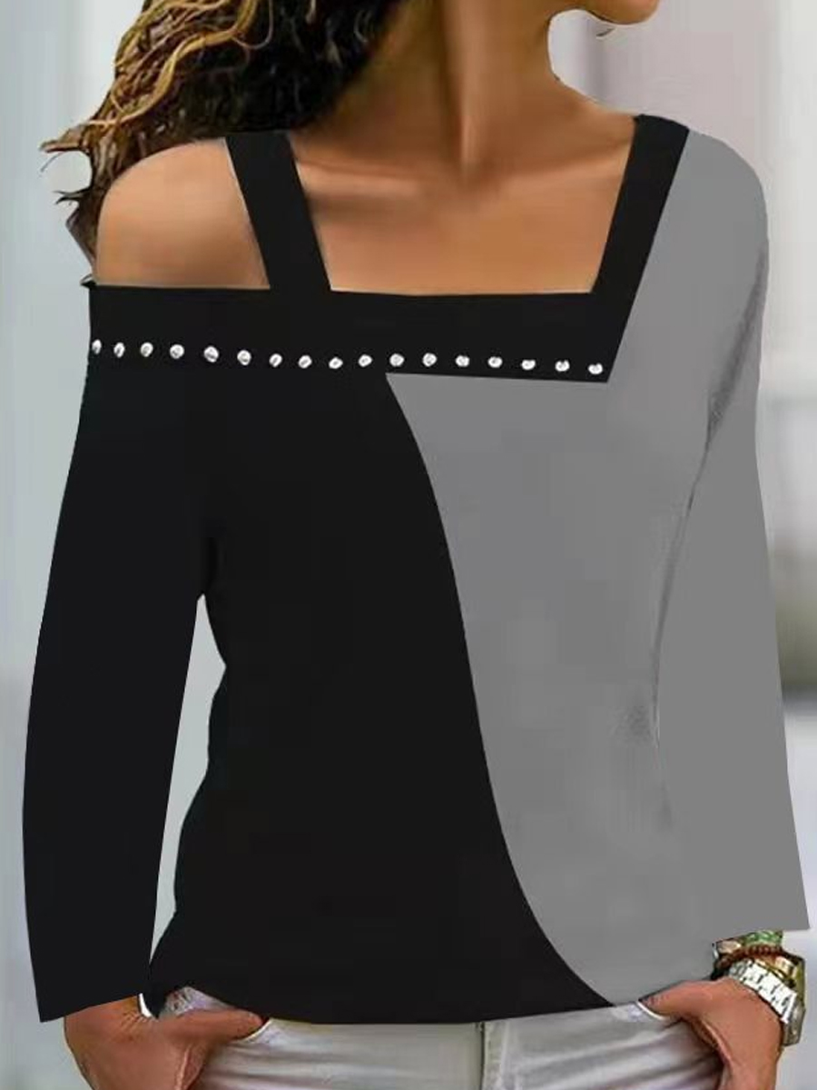 Casual Colorblock Square Neck Long Sleeve T Shirt