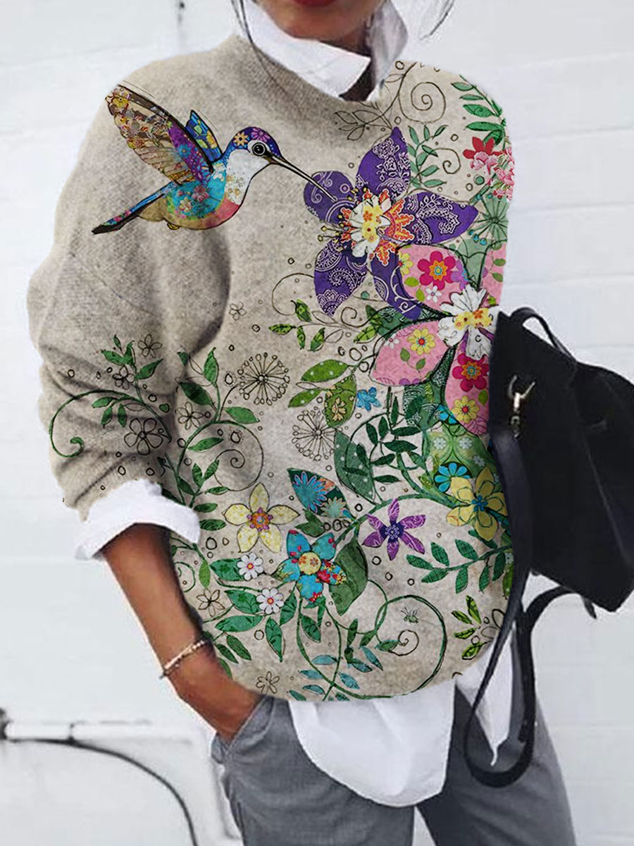 Casual Loose Floral Print Sweater Knit Pullover