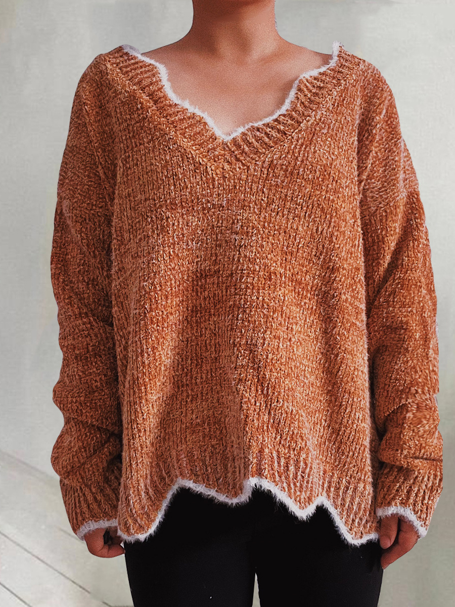 Loose Casual Solid Color Wavy V Neck Long Sleeve Sweater