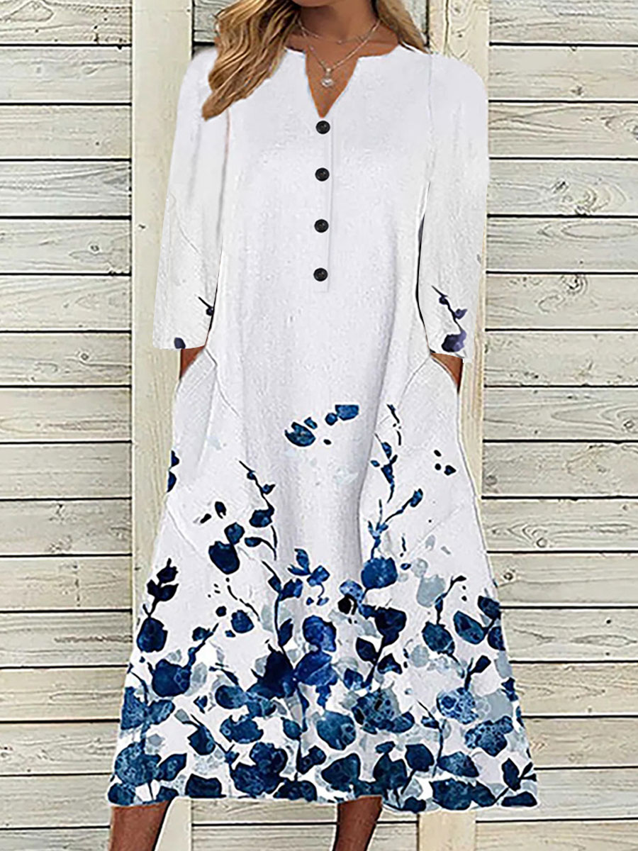V-neck Casual Loose Floral Print Chic Long Sleeve Midi Dress