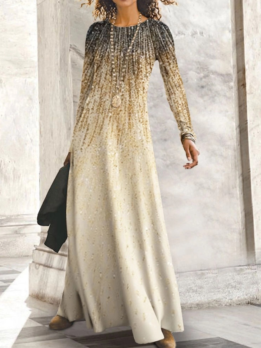 Casual Vintage Print Long Sleeve Crew Neck Maxi Dress