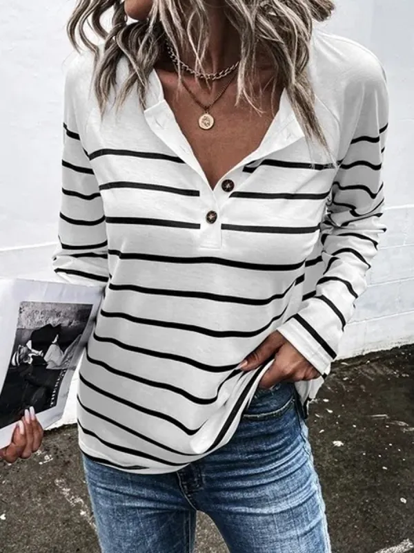 Casual Striped Crew Neck Button Long Sleeve T-Shirt - Cominbuy.com 