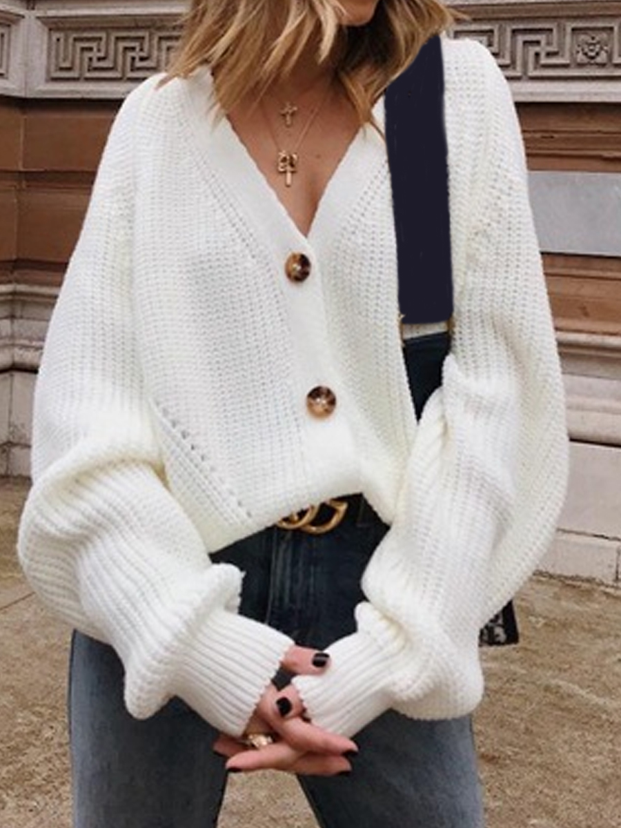 Casual Loose Solid Button V Neck Long Sleeve Cardigan