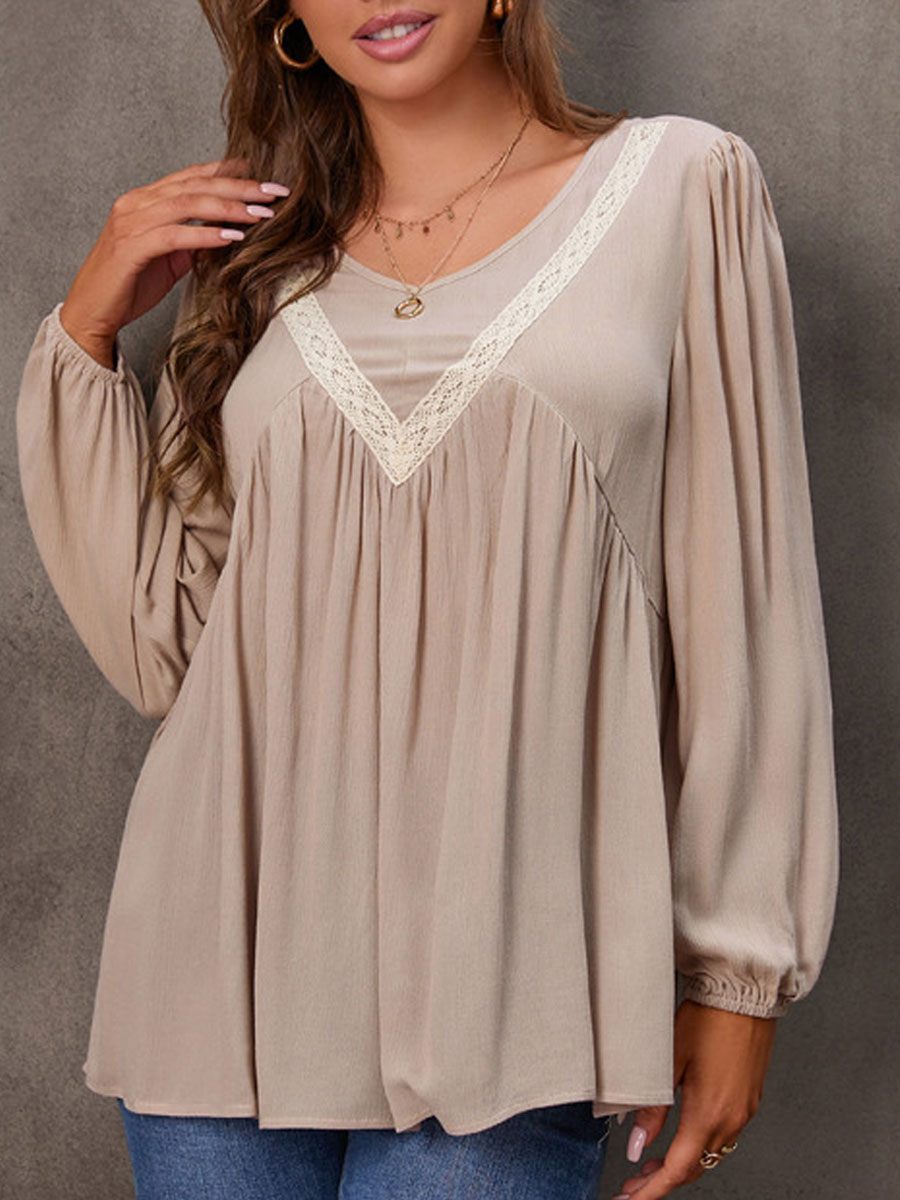 V neck Casual Loose Lace Panel Long Sleeve Blouse