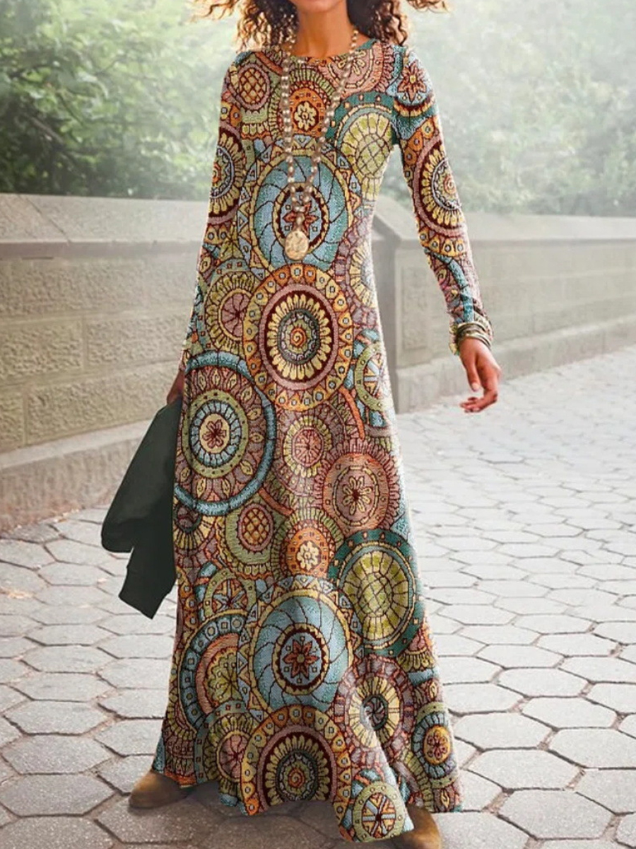 Casual Vintage Print Crew Neck Long Sleeve Maxi Dress