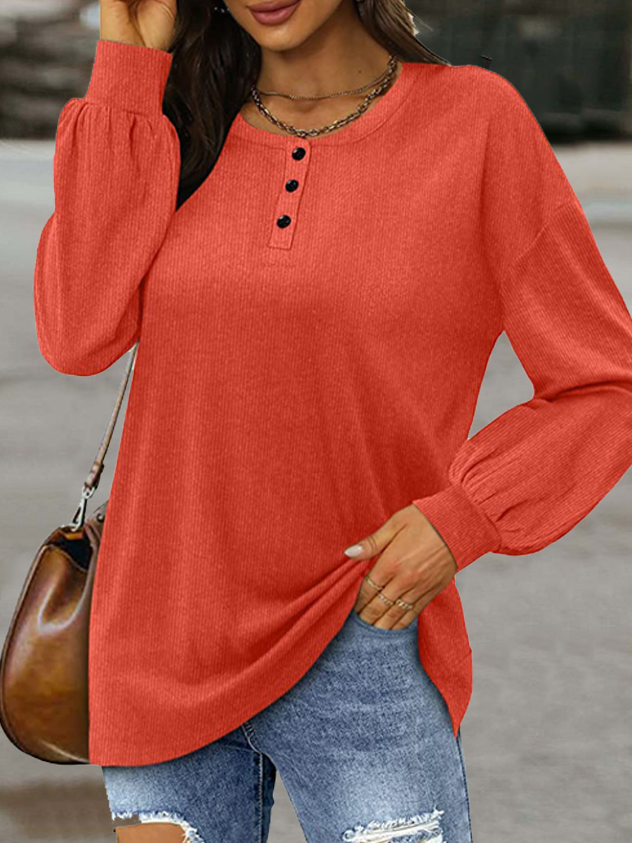 Casual Loose Solid Color Chic Button Crew Neck Long Sleeve T-shirt