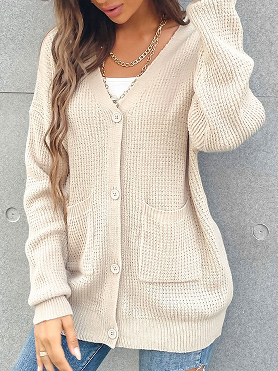 V neck Casual Loose Single Breasted Solid Color Sweater Cardigan